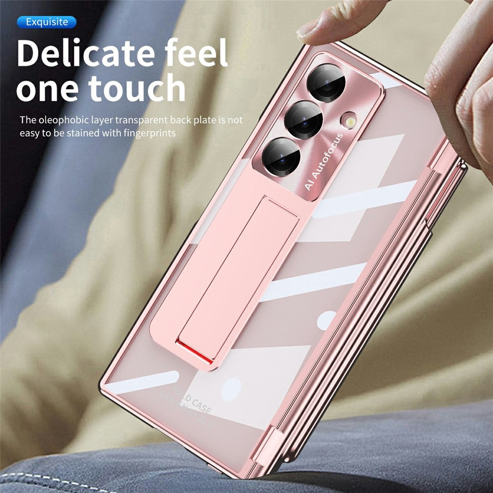 For Samsung Galaxy Z Fold7 5G Case Magnetic Hinge Electroplated PC Phone Cover with Tempered Glass Film / Stylus - Pink