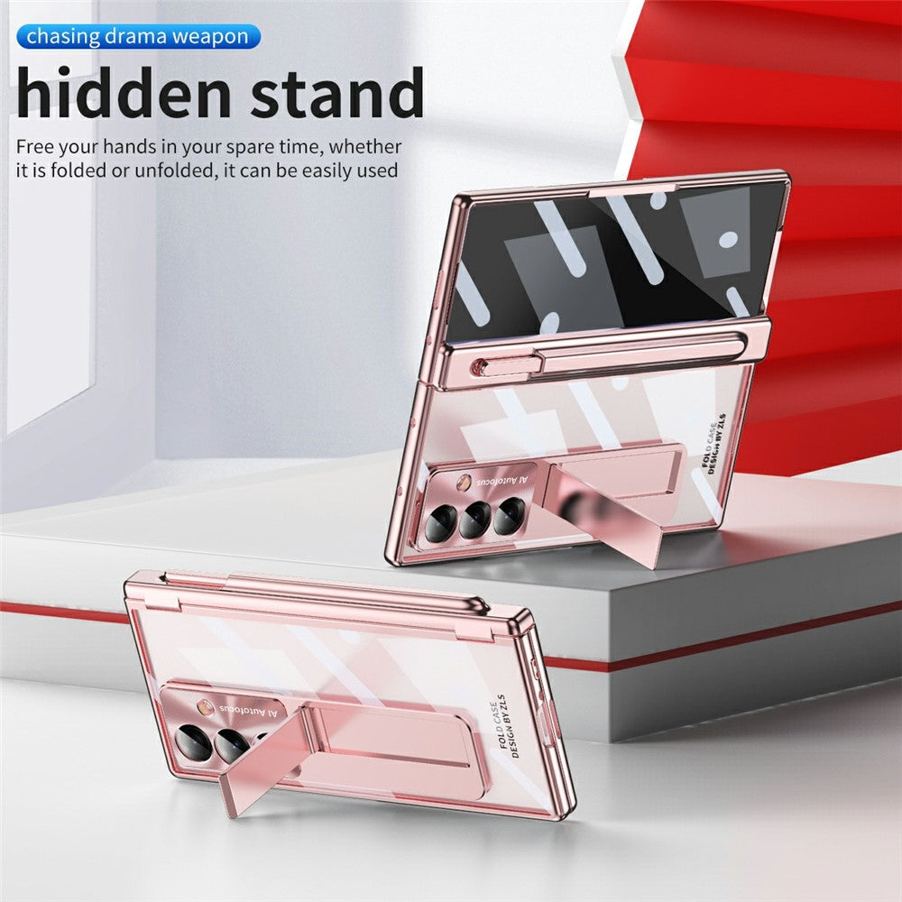 For Samsung Galaxy Z Fold7 5G Case Magnetic Hinge Electroplated PC Phone Cover with Tempered Glass Film / Stylus - Pink