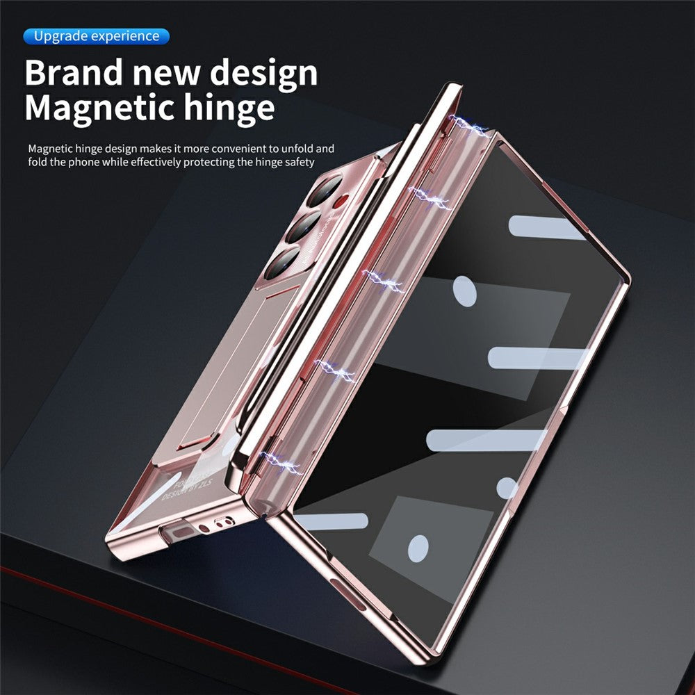 For Samsung Galaxy Z Fold7 5G Case Magnetic Hinge Electroplated PC Phone Cover with Tempered Glass Film / Stylus - Pink
