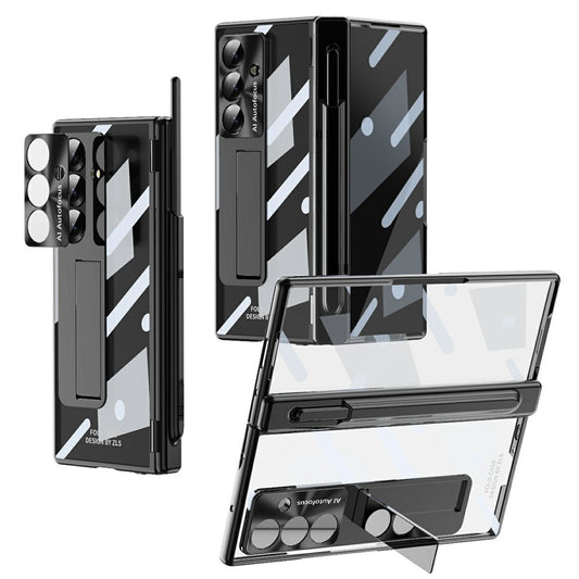 For Samsung Galaxy Z Fold7 5G Case Magnetic Hinge Electroplated PC Phone Cover with Tempered Glass Film / Stylus - Black