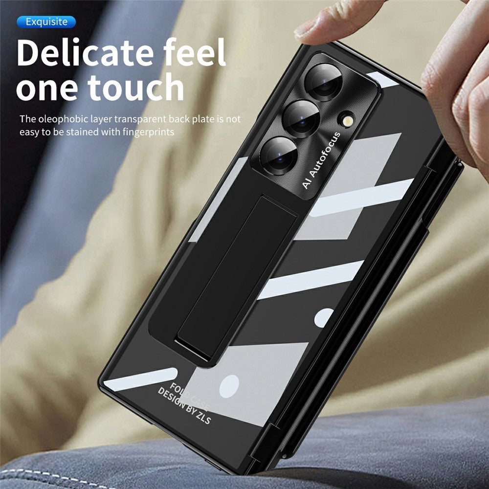 For Samsung Galaxy Z Fold7 5G Case Magnetic Hinge Electroplated PC Phone Cover with Tempered Glass Film / Stylus - Black
