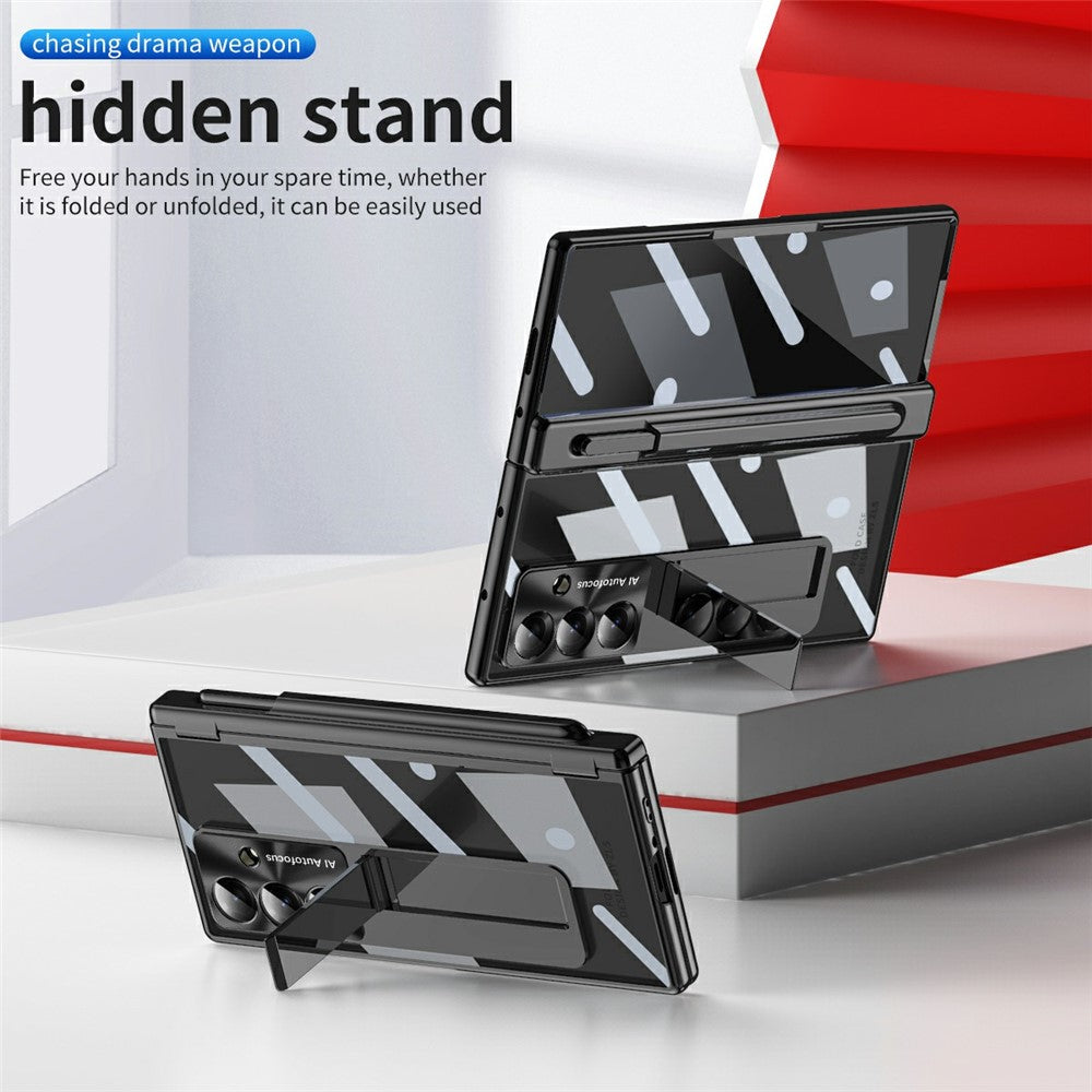 For Samsung Galaxy Z Fold7 5G Case Magnetic Hinge Electroplated PC Phone Cover with Tempered Glass Film / Stylus - Black