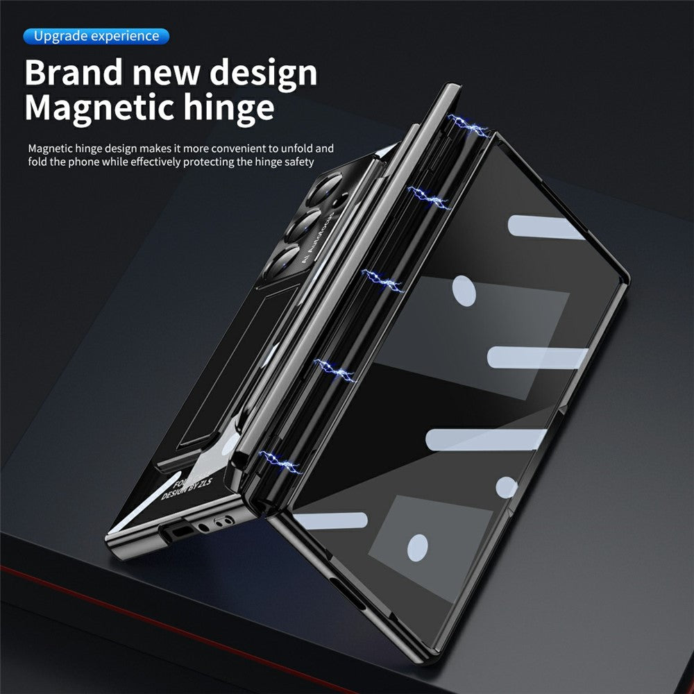 For Samsung Galaxy Z Fold7 5G Case Magnetic Hinge Electroplated PC Phone Cover with Tempered Glass Film / Stylus - Black