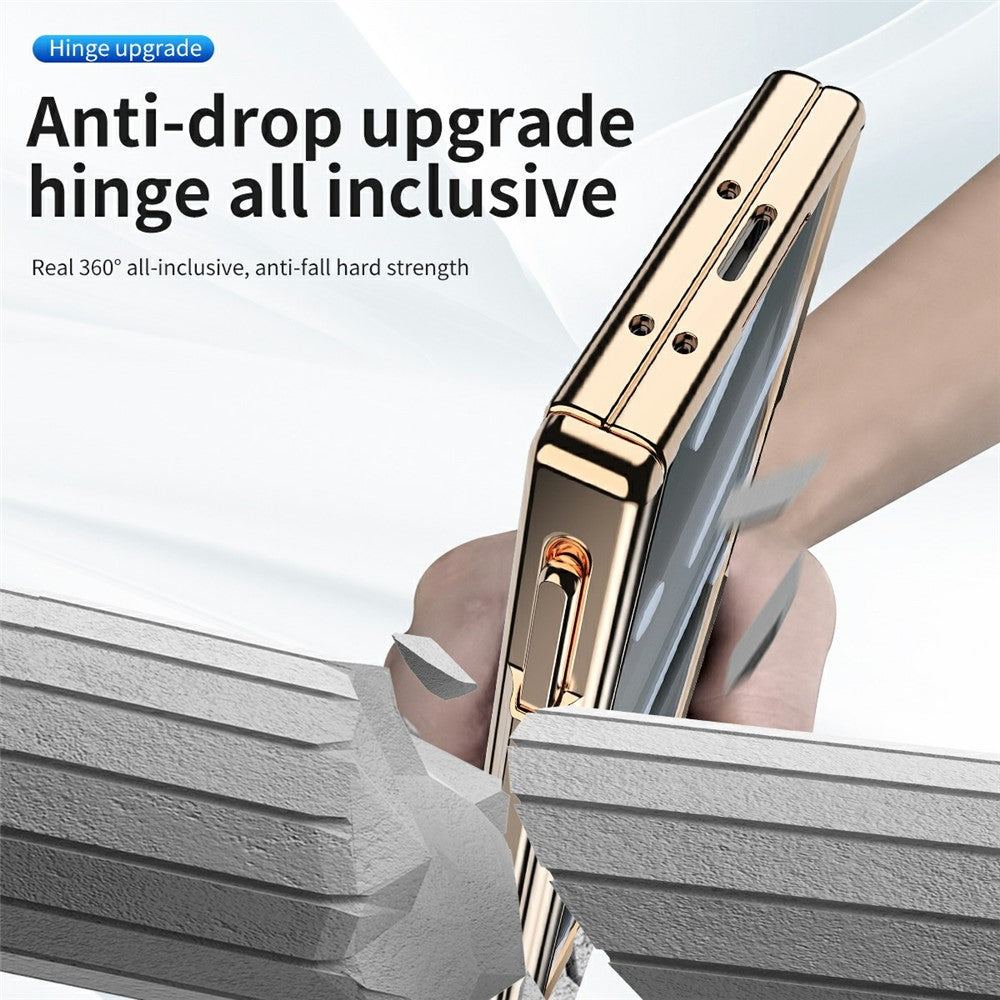 For Samsung Galaxy Z Fold7 5G Case Magnetic Hinge Electroplated PC Phone Cover with Tempered Glass Film / Stylus - Gold