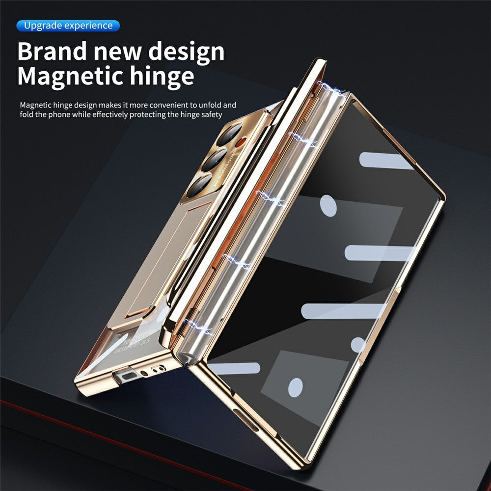 For Samsung Galaxy Z Fold7 5G Case Magnetic Hinge Electroplated PC Phone Cover with Tempered Glass Film / Stylus - Gold