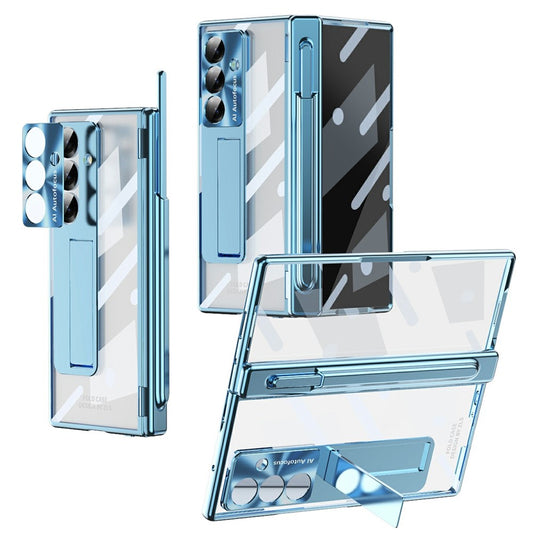 For Samsung Galaxy Z Fold7 5G Case Magnetic Hinge Electroplated PC Phone Cover with Tempered Glass Film / Stylus - Blue