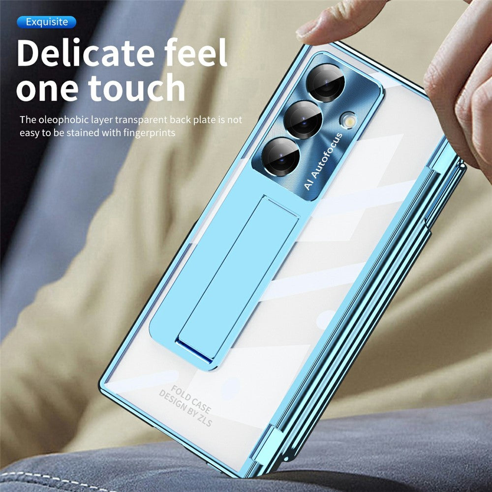 For Samsung Galaxy Z Fold7 5G Case Magnetic Hinge Electroplated PC Phone Cover with Tempered Glass Film / Stylus - Blue