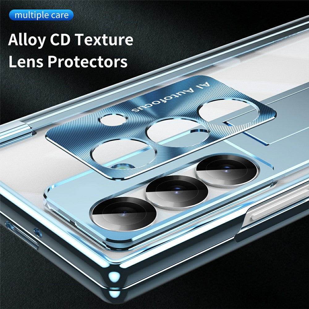 For Samsung Galaxy Z Fold7 5G Case Magnetic Hinge Electroplated PC Phone Cover with Tempered Glass Film / Stylus - Blue