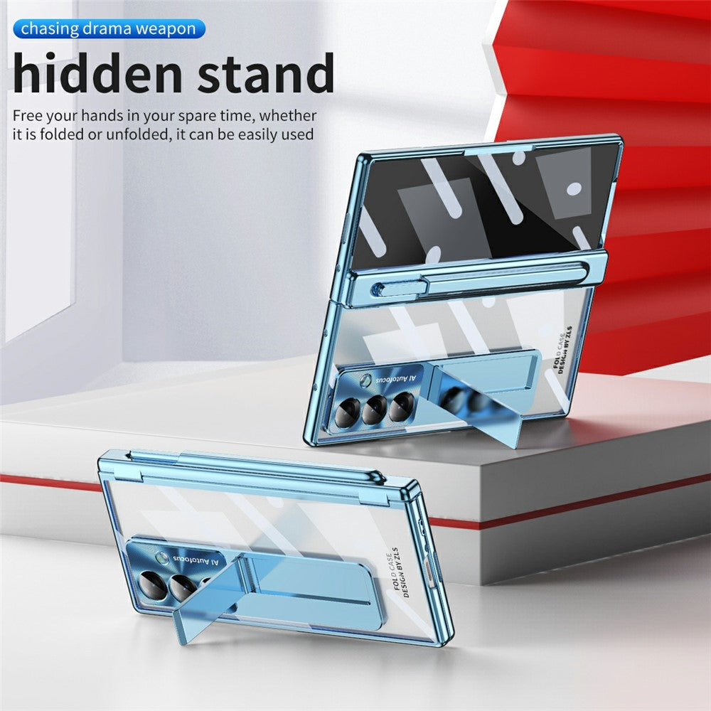 For Samsung Galaxy Z Fold7 5G Case Magnetic Hinge Electroplated PC Phone Cover with Tempered Glass Film / Stylus - Blue