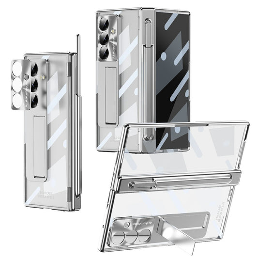 For Samsung Galaxy Z Fold7 5G Case Magnetic Hinge Electroplated PC Phone Cover with Tempered Glass Film / Stylus - Silver