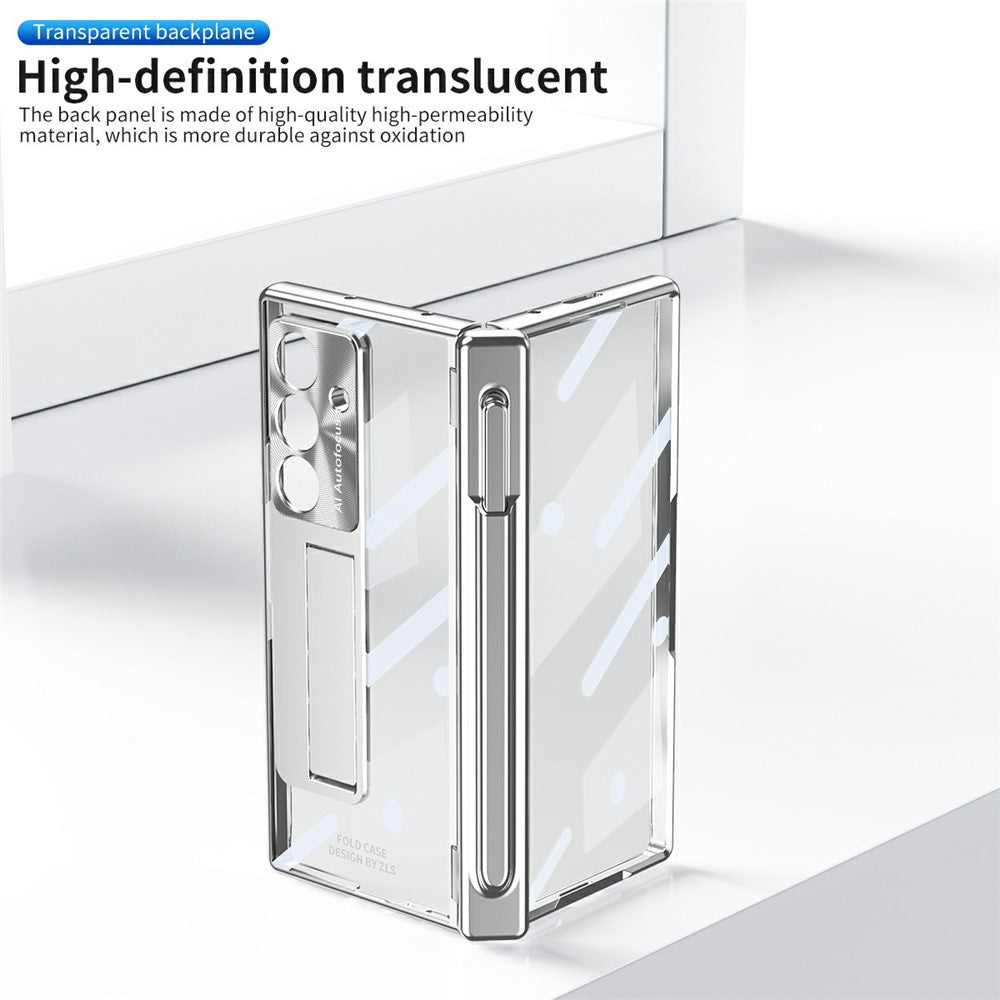 For Samsung Galaxy Z Fold7 5G Case Magnetic Hinge Electroplated PC Phone Cover with Tempered Glass Film / Stylus - Silver