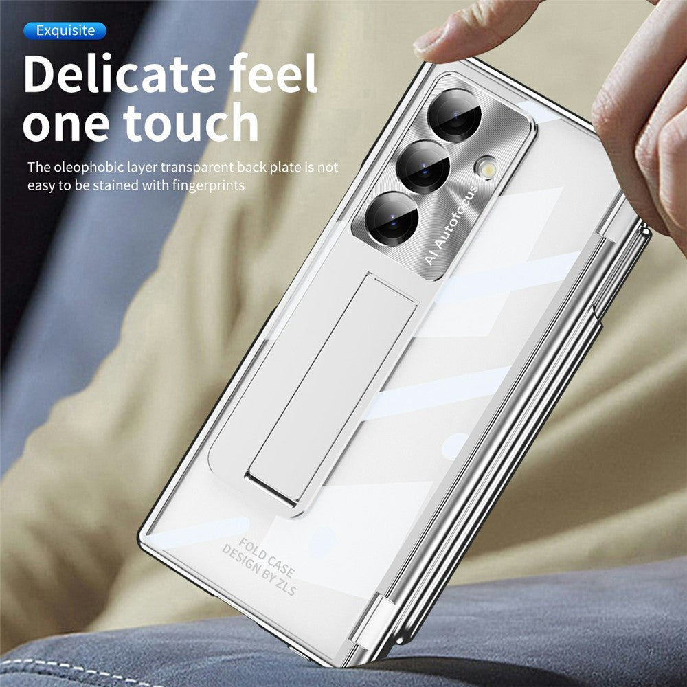 For Samsung Galaxy Z Fold7 5G Case Magnetic Hinge Electroplated PC Phone Cover with Tempered Glass Film / Stylus - Silver