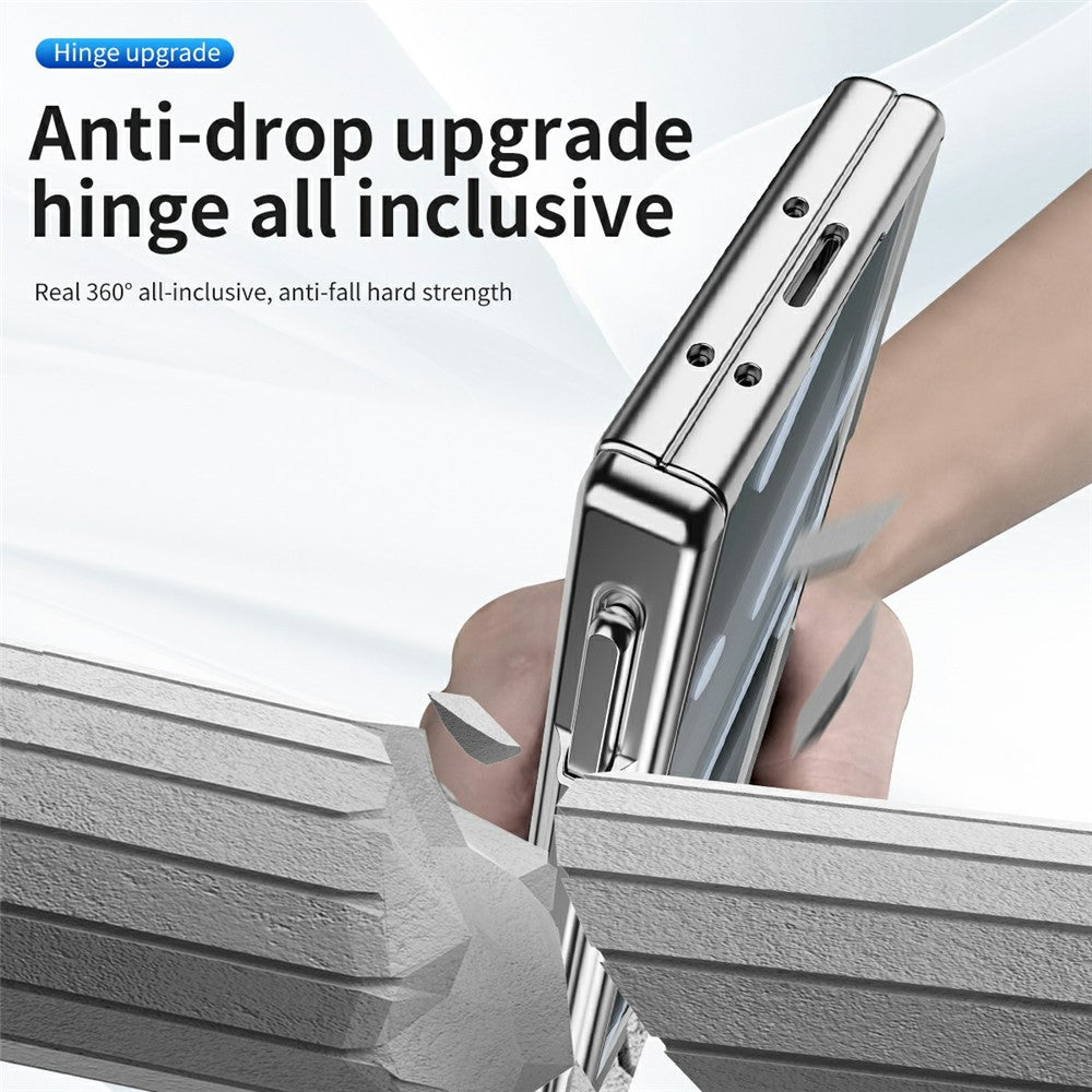 For Samsung Galaxy Z Fold7 5G Case Magnetic Hinge Electroplated PC Phone Cover with Tempered Glass Film / Stylus - Silver