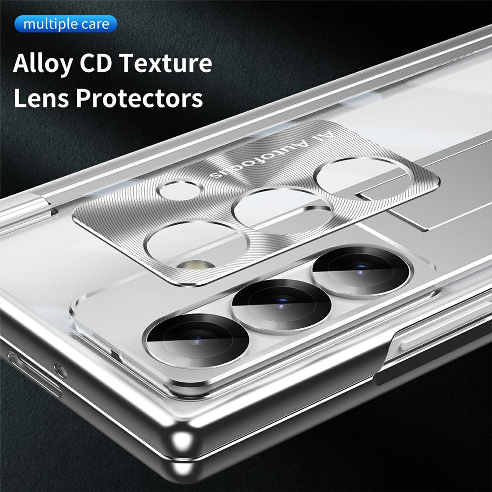 For Samsung Galaxy Z Fold7 5G Case Magnetic Hinge Electroplated PC Phone Cover with Tempered Glass Film / Stylus - Silver