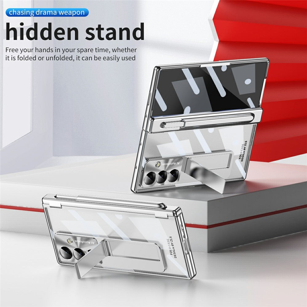 For Samsung Galaxy Z Fold7 5G Case Magnetic Hinge Electroplated PC Phone Cover with Tempered Glass Film / Stylus - Silver