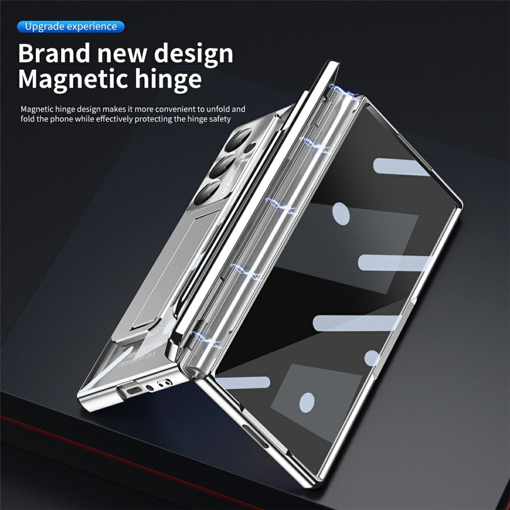 For Samsung Galaxy Z Fold7 5G Case Magnetic Hinge Electroplated PC Phone Cover with Tempered Glass Film / Stylus - Silver