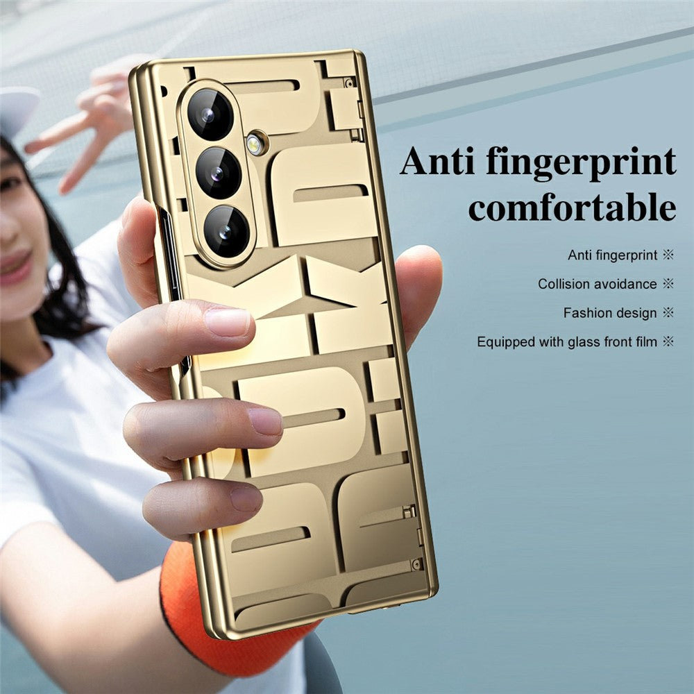 For Samsung Galaxy Z Fold7 5G Case Electroplating PC Phone Cover with Tempered Glass Film - Gold
