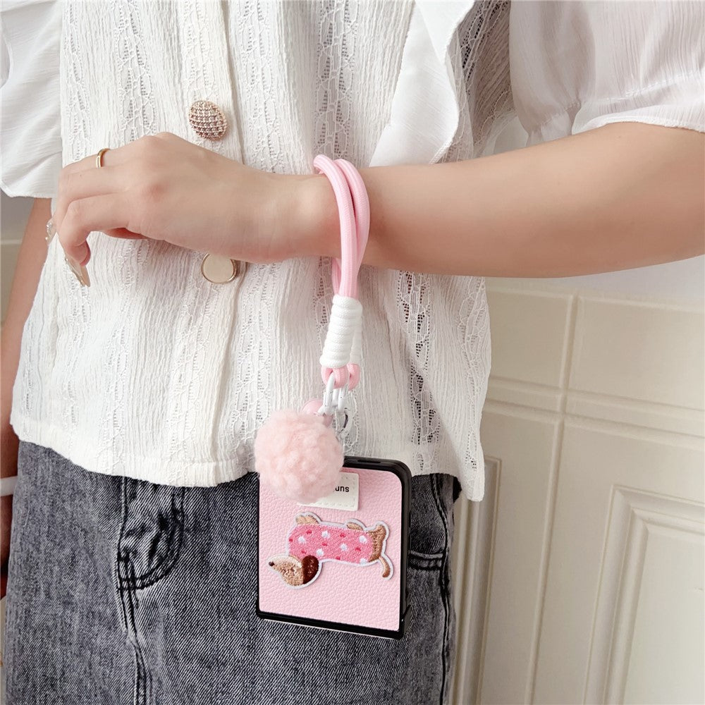 For Samsung Galaxy Z Flip7 5G Case Cute Dog Hinge Protection Litchi Texture Phone Cover with Wrist Strap - Pink