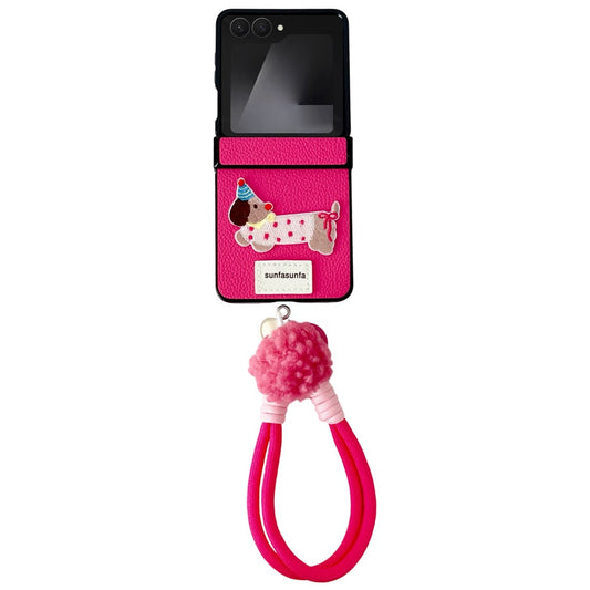 For Samsung Galaxy Z Flip7 5G Case Cute Dog Hinge Protection Litchi Texture Phone Cover with Wrist Strap - Rose