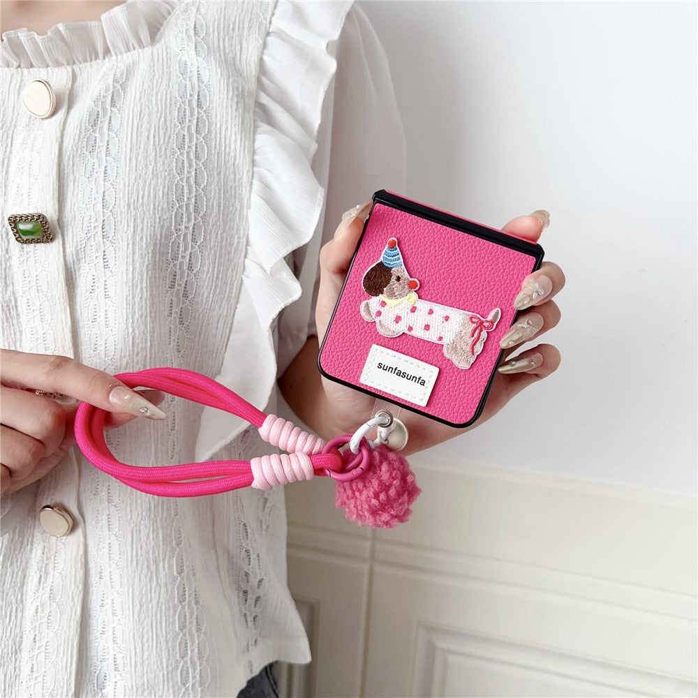 For Samsung Galaxy Z Flip7 5G Case Cute Dog Hinge Protection Litchi Texture Phone Cover with Wrist Strap - Rose