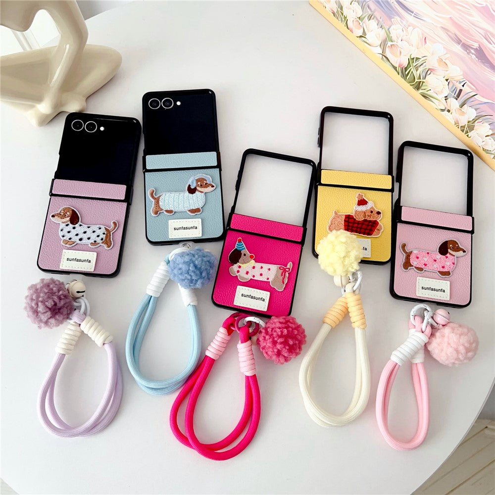 For Samsung Galaxy Z Flip7 5G Case Cute Dog Hinge Protection Litchi Texture Phone Cover with Wrist Strap - Rose