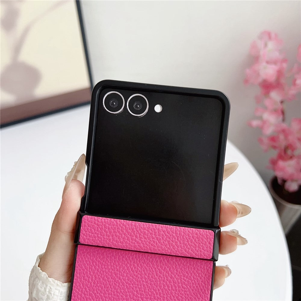 For Samsung Galaxy Z Flip7 5G Case Hinge Protection Litchi Texture Leather + PC Phone Cover - Rose