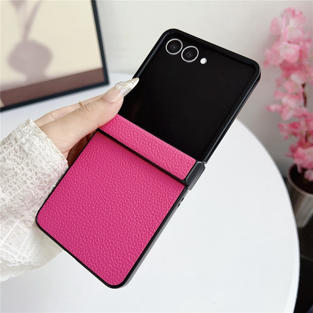 For Samsung Galaxy Z Flip7 5G Case Hinge Protection Litchi Texture Leather + PC Phone Cover - Rose