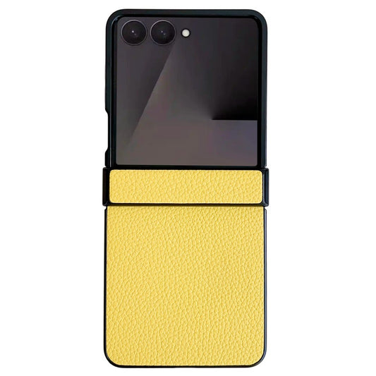 For Samsung Galaxy Z Flip7 5G Case Hinge Protection Litchi Texture Leather + PC Phone Cover - Yellow