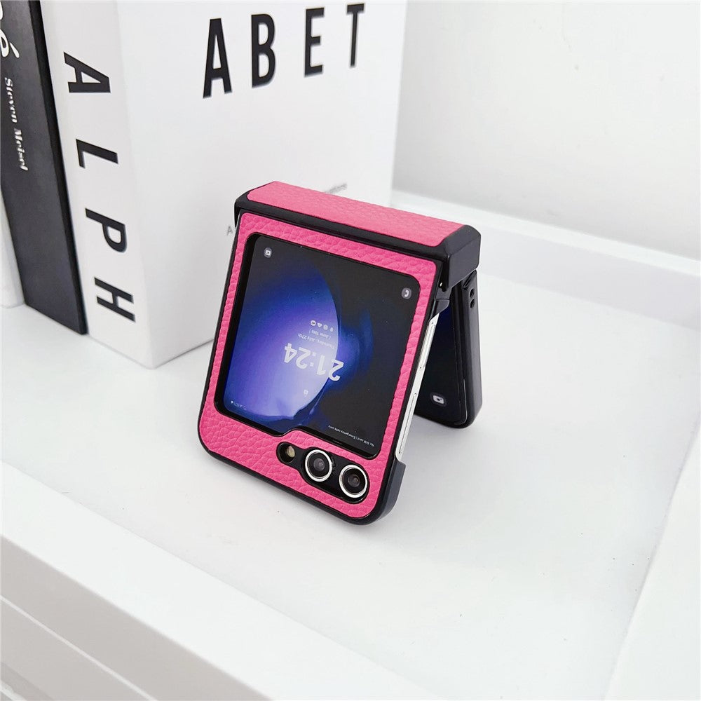For Samsung Galaxy Z Flip7 FE 5G / Z Flip6 5G Case Hinge Protection Litchi Texture Leather + PC Phone Cover - Rose