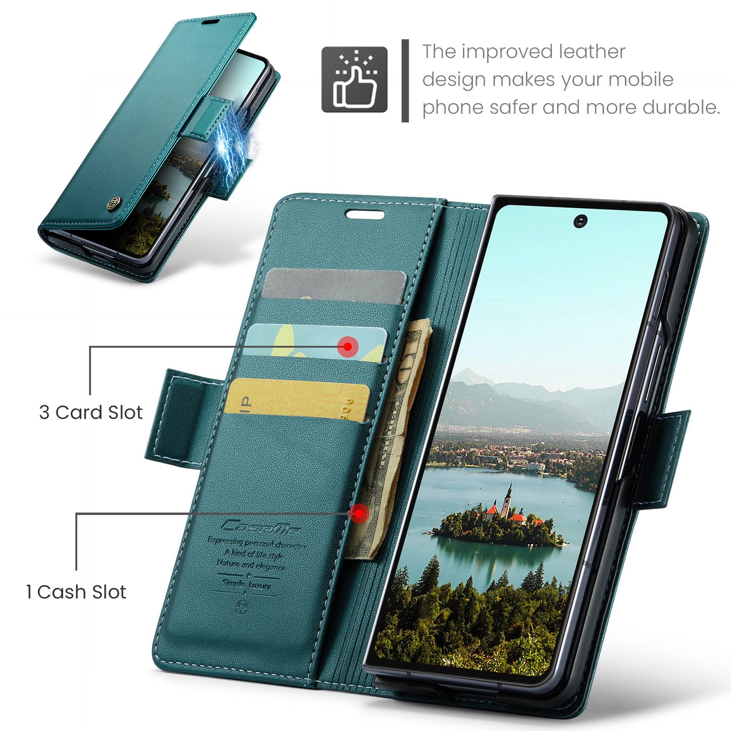 For Samsung Galaxy Z Fold7 5G Case CASEME 023 Series RFID Blocking Leather Wallet Stand Phone Cover - Green