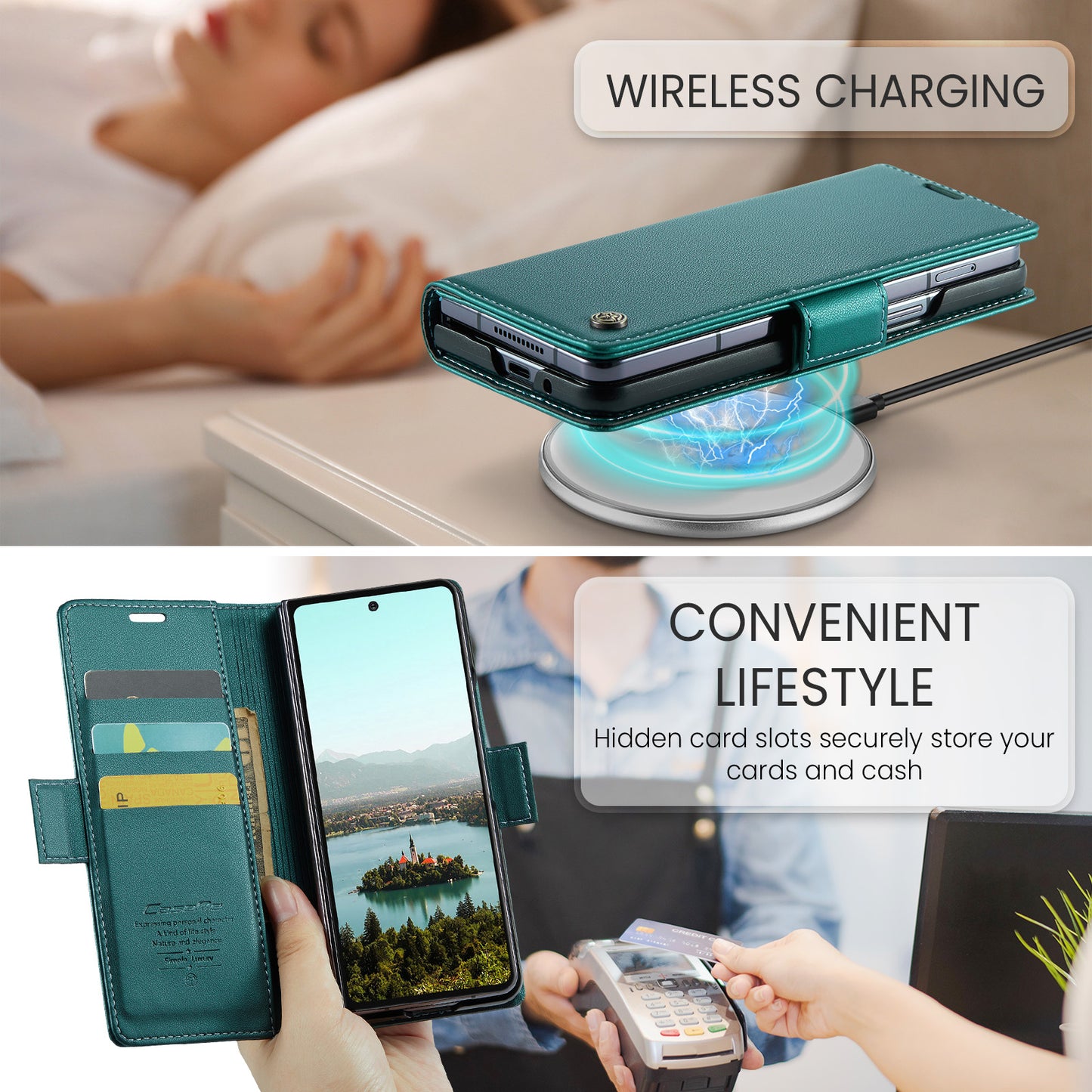 For Samsung Galaxy Z Fold7 5G Case CASEME 023 Series RFID Blocking Leather Wallet Stand Phone Cover - Green