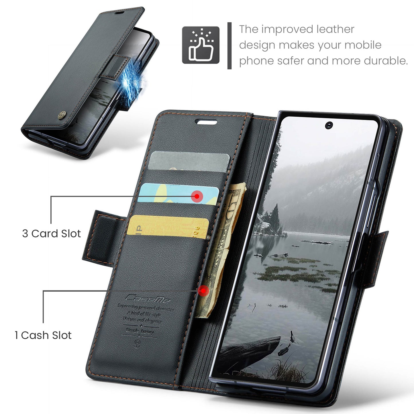 For Samsung Galaxy Z Fold7 5G Case CASEME 023 Series RFID Blocking Leather Wallet Stand Phone Cover - Black