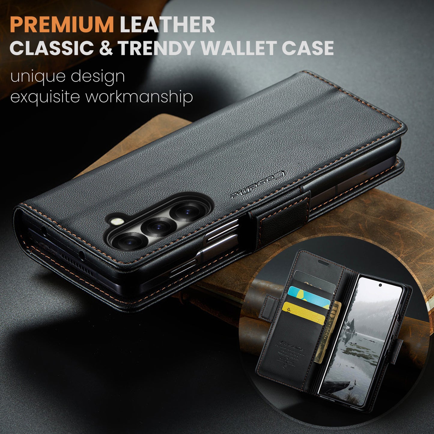 For Samsung Galaxy Z Fold7 5G Case CASEME 023 Series RFID Blocking Leather Wallet Stand Phone Cover - Black