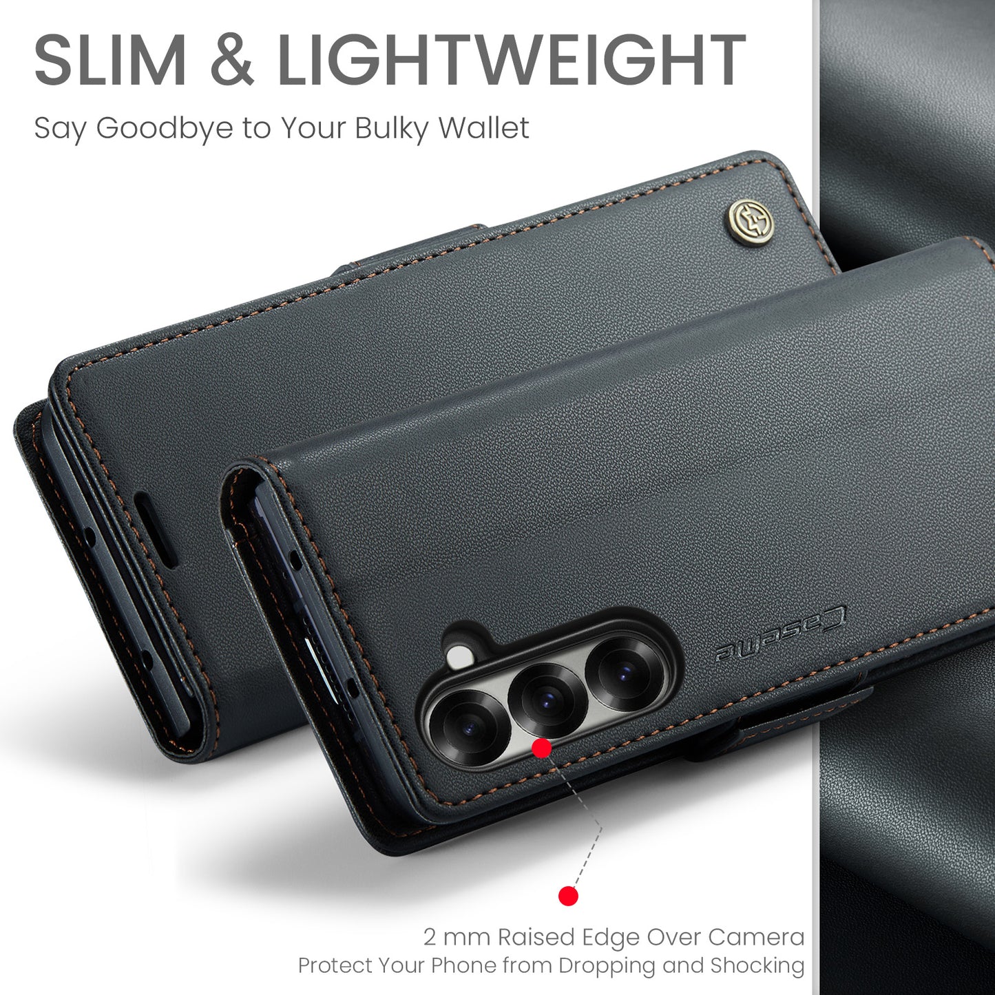 For Samsung Galaxy Z Fold7 5G Case CASEME 023 Series RFID Blocking Leather Wallet Stand Phone Cover - Black