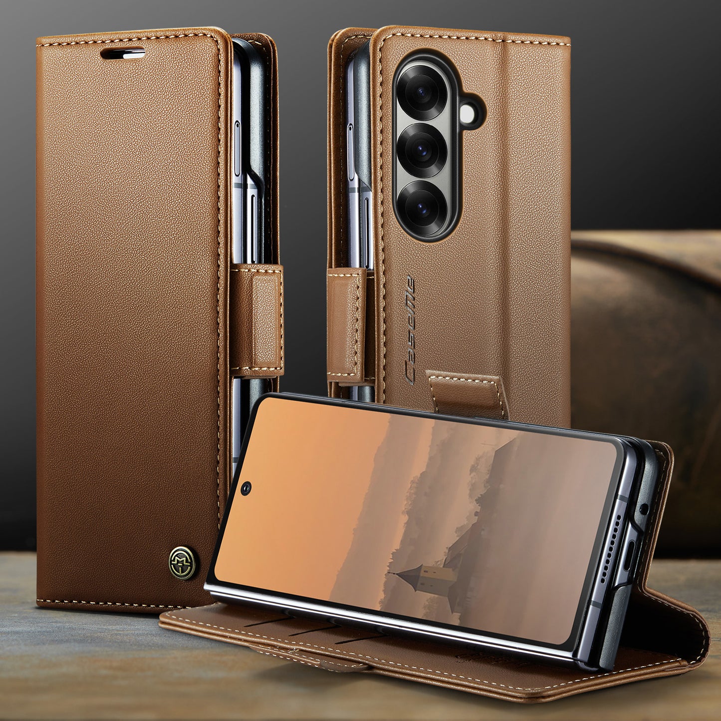 For Samsung Galaxy Z Fold7 5G Case CASEME 023 Series RFID Blocking Leather Wallet Stand Phone Cover - Brown