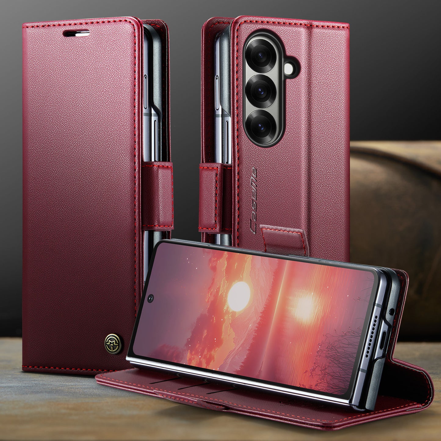 For Samsung Galaxy Z Fold7 5G Case CASEME 023 Series RFID Blocking Leather Wallet Stand Phone Cover - Red
