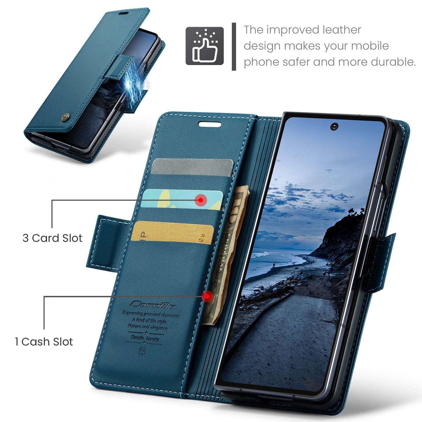 For Samsung Galaxy Z Fold7 5G Case CASEME 023 Series RFID Blocking Leather Wallet Stand Phone Cover - Blue