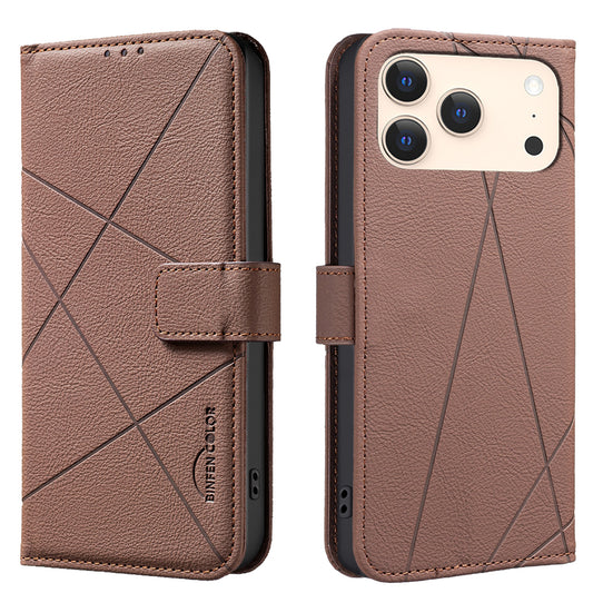 For iPhone 17 Pro Max Case BINFEN COLOR BF35 Geometry Imprinted Leather Phone Cover RFID Blocking Wallet Stand - Brown