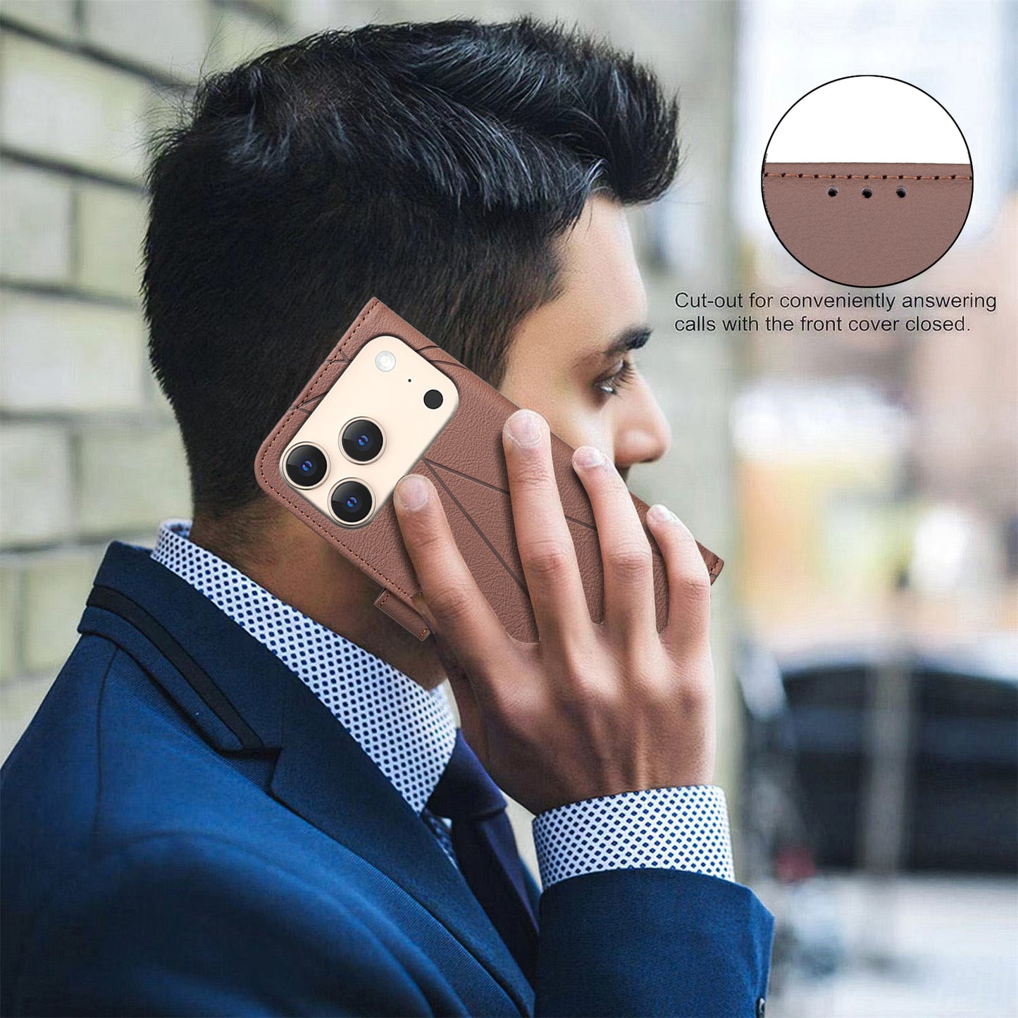 For iPhone 17 Pro Max Case BINFEN COLOR BF35 Geometry Imprinted Leather Phone Cover RFID Blocking Wallet Stand - Brown