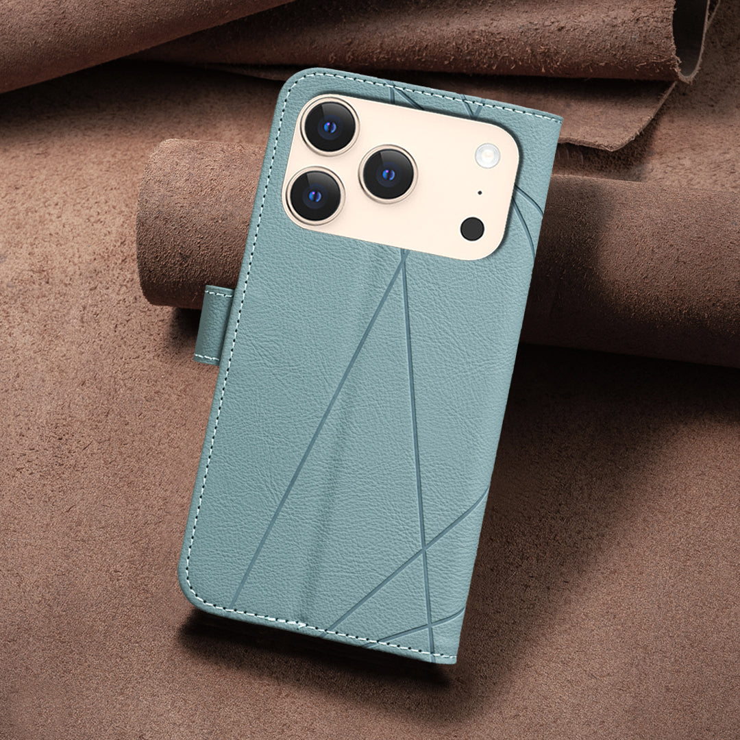 For iPhone 17 Pro Max Case BINFEN COLOR BF35 Geometry Imprinted Leather Phone Cover RFID Blocking Wallet Stand - Green