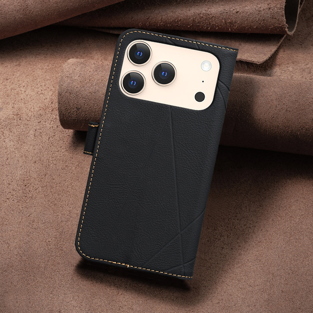 For iPhone 17 Pro Max Case BINFEN COLOR BF35 Geometry Imprinted Leather Phone Cover RFID Blocking Wallet Stand - Black