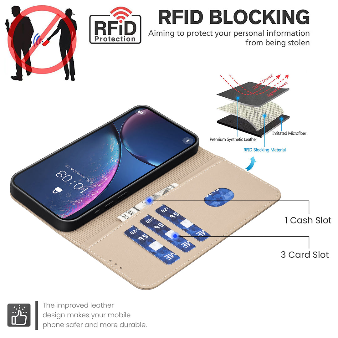 For iPhone 17 Pro Max Case BINFEN COLOR BF35 Geometry Imprinted Leather Phone Cover RFID Blocking Wallet Stand - Beige