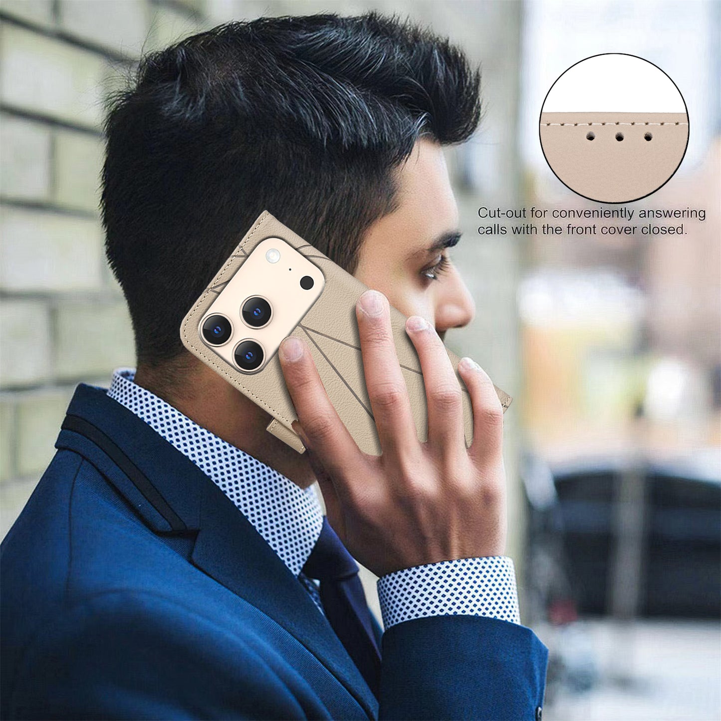 For iPhone 17 Pro Max Case BINFEN COLOR BF35 Geometry Imprinted Leather Phone Cover RFID Blocking Wallet Stand - Beige
