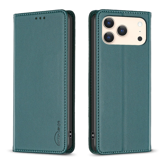 For iPhone 17 Pro Max Leather Case BINFEN COLOR BF18 Phone Stand Cover with Card Slots - Green