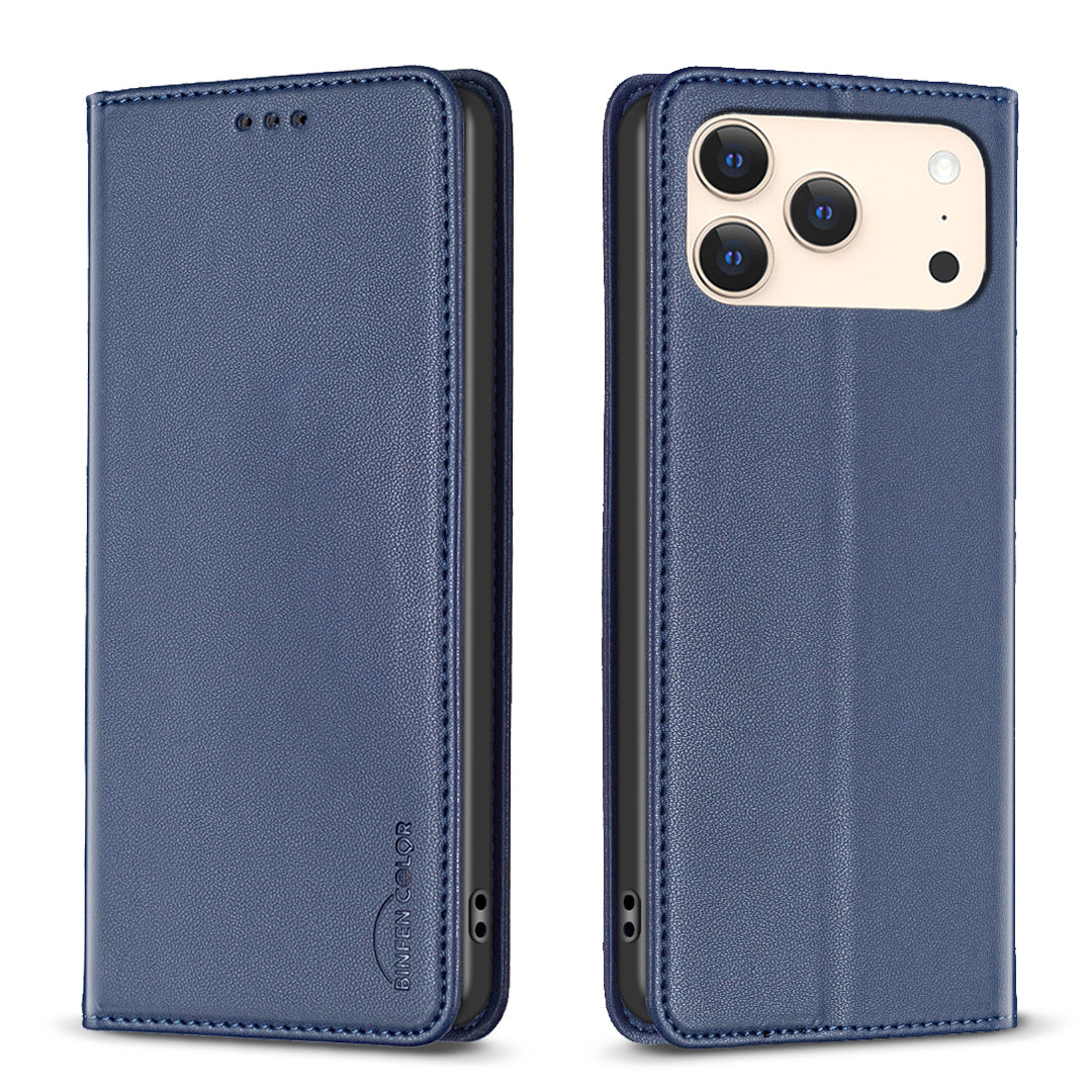 For iPhone 17 Pro Max Leather Case BINFEN COLOR BF18 Phone Stand Cover with Card Slots - Blue