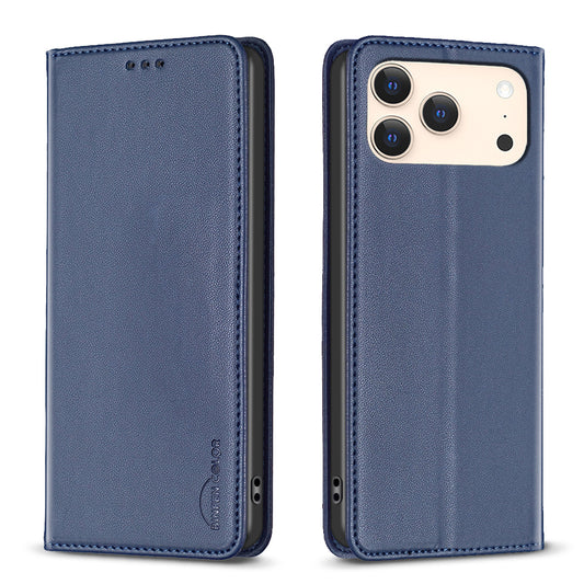For iPhone 17 Pro Max Leather Case BINFEN COLOR BF18 Phone Stand Cover with Card Slots - Blue
