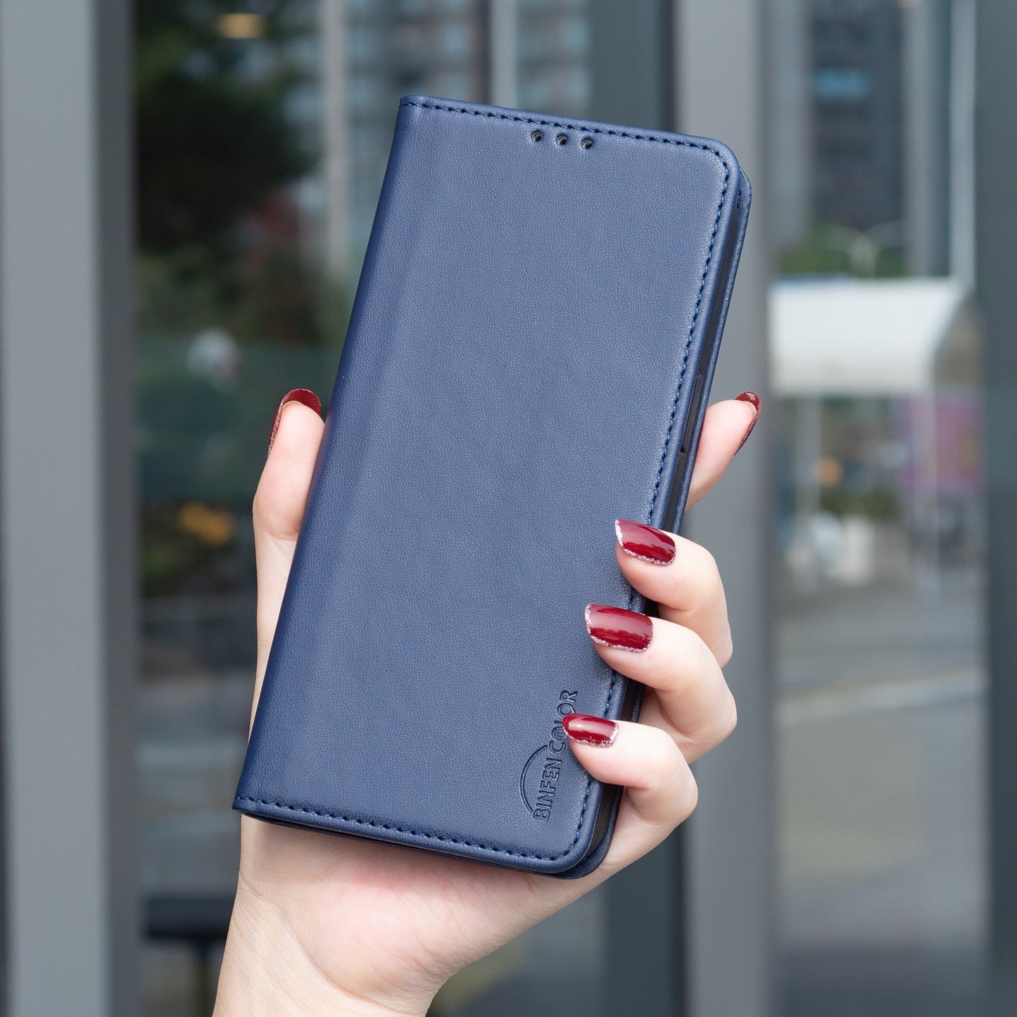 For iPhone 17 Pro Max Leather Case BINFEN COLOR BF18 Phone Stand Cover with Card Slots - Blue