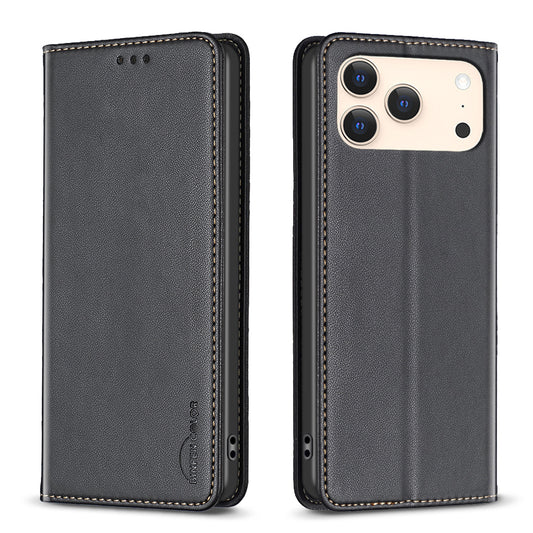 For iPhone 17 Pro Max Leather Case BINFEN COLOR BF18 Phone Stand Cover with Card Slots - Black