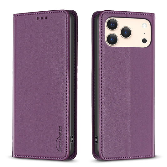 For iPhone 17 Pro Max Leather Case BINFEN COLOR BF18 Phone Stand Cover with Card Slots - Dark Purple