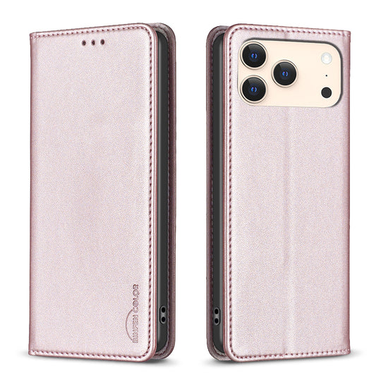 For iPhone 17 Pro Max Leather Case BINFEN COLOR BF18 Phone Stand Cover with Card Slots - Rose Gold
